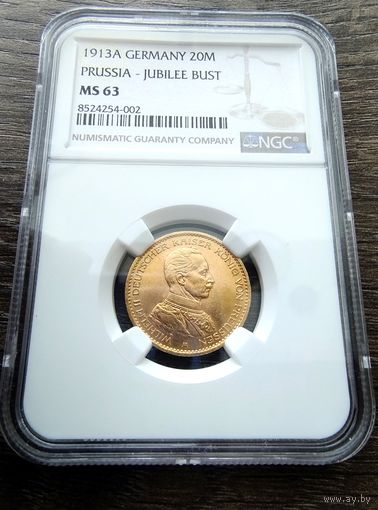 20 марок Пруссия (мундир) 1913г. NGC MS-63 !!!