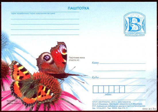 Беларусь 2011 ПК с "В" Павлиний глаз фауна бабочки