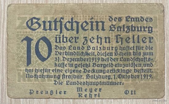 Геллеров Нотгельд Австрия Зальцбург , 10 геллеров 1919 год