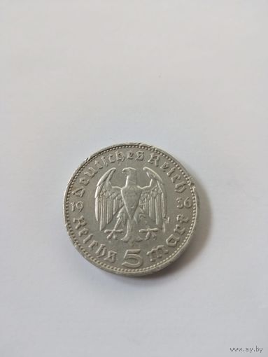 5 рейхсмарок 1936 года , Германия,третий рейх,буква J,серебро 900