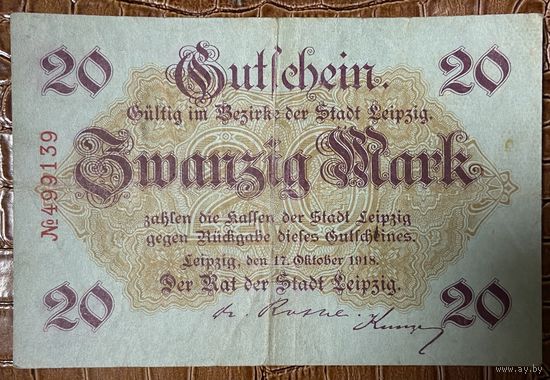 Банкнота 20 марок 1918 год. Лейпциг. Веймарская республика.