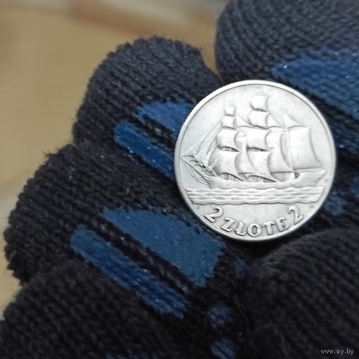 2 злотых(1936г.)"Парусник" Польша.Серебро