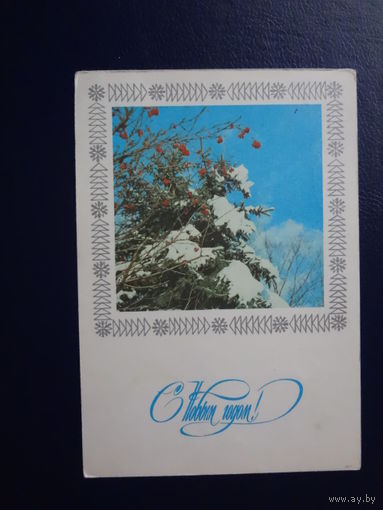 С Новым годом!  1976 г.  Ель, снег, рябина.  подписанная.