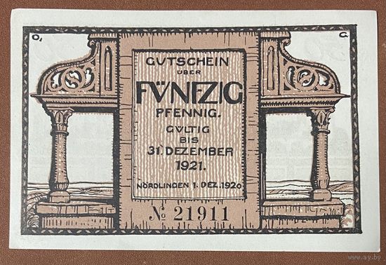 Нотгельд 50 пфеннигов 1921 год. Нёрдлинген. Веймарская республика