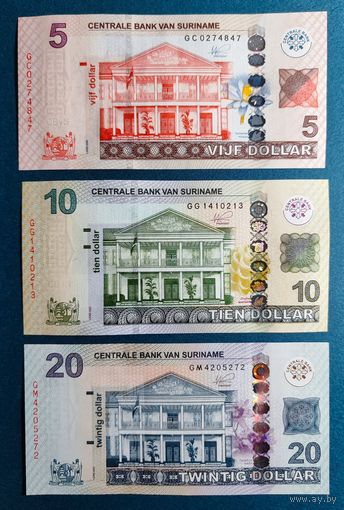 Суринам, комплект 5 10 20 долларов 2020 г, UNC