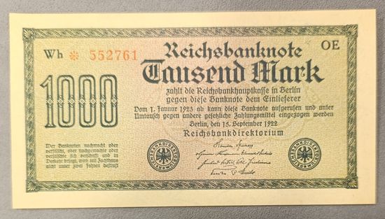 1000 марок 1922 года - в/з шип - жёлтая бумага - Германия