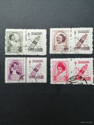 Польша 1948 Полная серия марок с купонами "Борьба с туберкулезом" (гашение с клеем, есть следы от наклеек) Mi.511 Zf-514 Zf каталог 35.00 евро