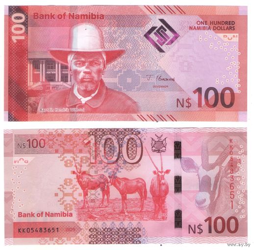 Намибия 100 долларов 2025 год. Новый дизайн.   UNC  НОВИНКА