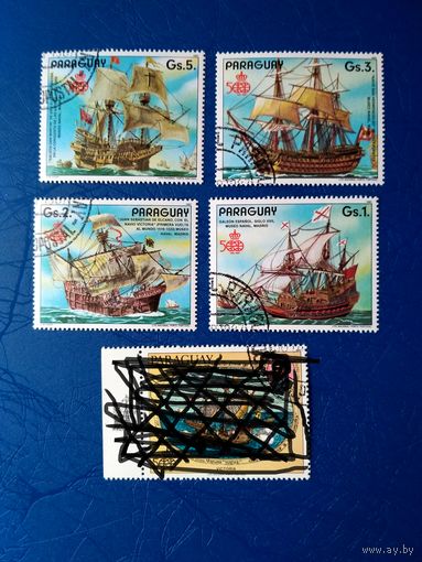 Парагвай. Парусные корабли. Открытие Америки. Серия из 5 марок и купон. 1987 (1)