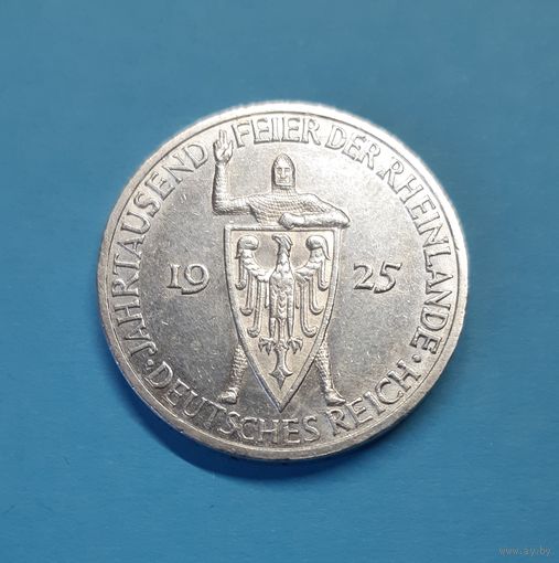 Германия. 3 рейхсмарки. 1925 год. Веймар. Тысячелетие Рейнланда. Серебро