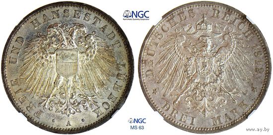 3 марки 1912 г. A. Свободный город Любек (1871 - 1918) Германия. NGC MS 63. Редкие! Серебро. КМ# 215