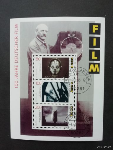 Германия. 1995 Блок Mi.33 с тремя марками "100 лет немецкому кино" (гашеный с клеем) марки Mi.1815-1817 каталог 12.00 евро