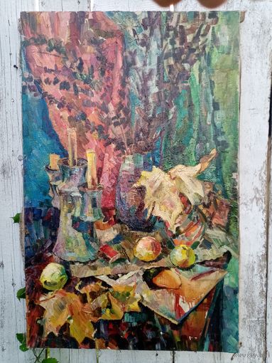 С рубля без мц. картина натюрморт Ф. Гумен(?) 96х60см. х.м.  упаковка 15р.