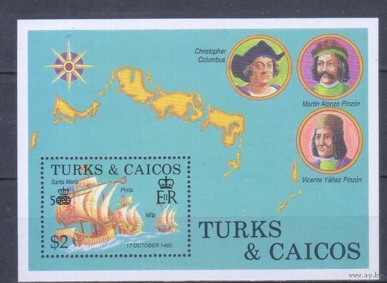 [435] Теркс и Кайкос 1988. 500-летие открытия Америки.Колумб.Корабли.Парусники. БЛОК MNH
