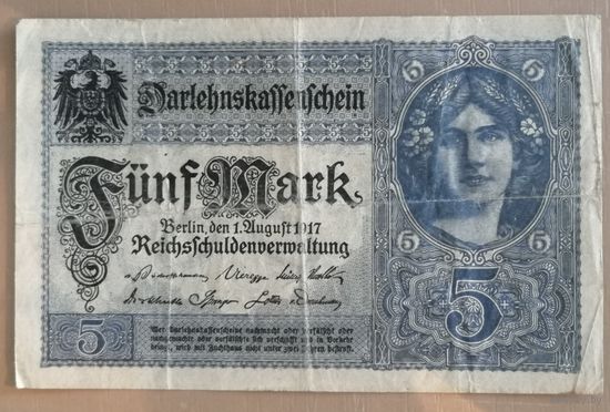 Германия, Германская империя, 5 марок 1917 г., серия "Н" -- не частая, Ro.54а, DEU-61с, X.#7. Рис. серо-голубой. Серии H.