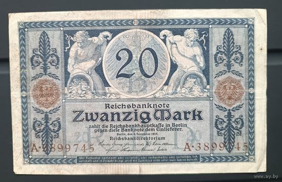 20  марок 1915 банкнота  Германия   Берлин Кайзеровская империя