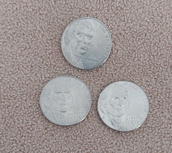 США 5 центов, 2010P, 2013Р, 2015Р  Jefferson Nickel aUNC