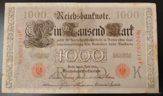 1000 марок Кайзеровская Германия 1910 год красная печать