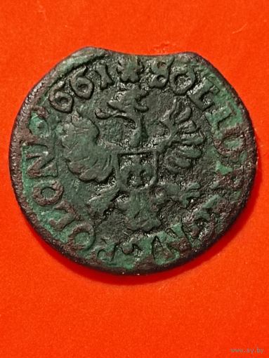 Солид (боратинка) 1661 г. польский герб, Ян II Казимир(3). Средняя голова, ночная цапля слева, отметка МД- "TLB",; без мц.