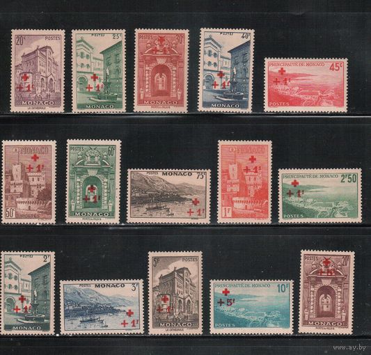 Монако-1940(Мих.205-219)   */** ( 4 м - **)   ,  Архитектура, Красный Крест, Надп.  (полная серия)