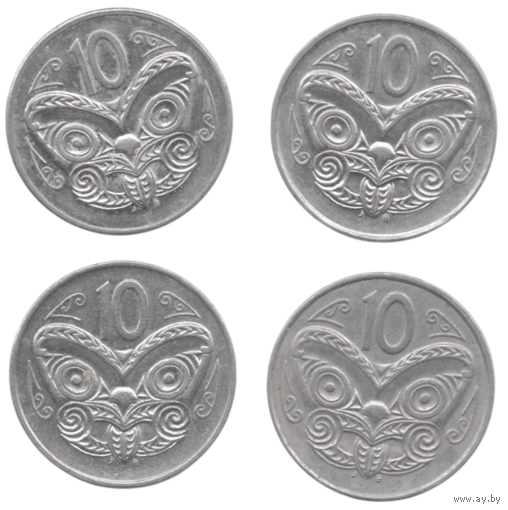 Королевство Новая Зеландия. 10 центов 1987, 1988, 1989, 1997. Маори коруру (резная маска). 3-й тип портрета. Цена за одну монету.