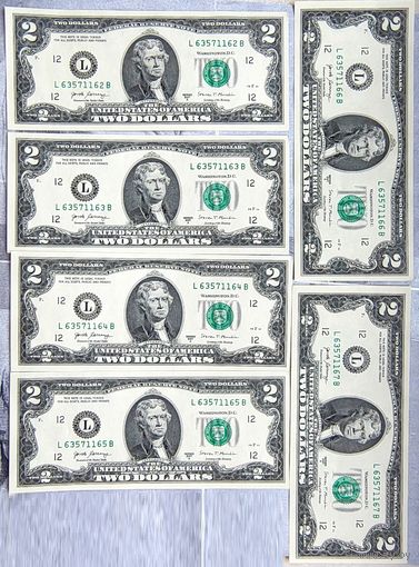 2 доллара США. 6 купюр подряд по номерам. L 12. Сан-Франциско. 2017 год. UNC