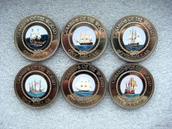 1 доллар 2006. Комплект монет 6 штук. Острова Кука. Парусники. Боевые корабли. Медь-никель.