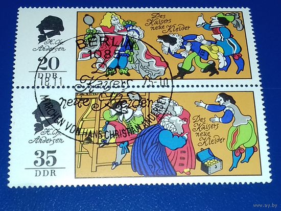 Германия ГДР 1975 год. Сказки Андерсена. 2 марки в сцепке. Спецгашение