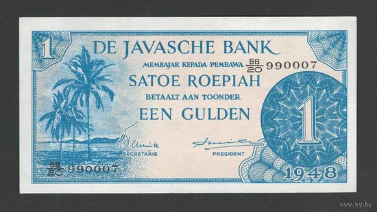 Нидерландская Индия 1 гульден 1948 года. Javasche Bank. Тип Р-98. Состояние UNC!
