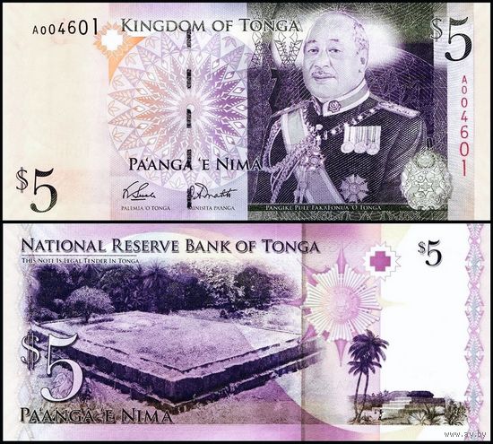 Тонга 5 долларов образца 2009 года UNC p39(1) серия А