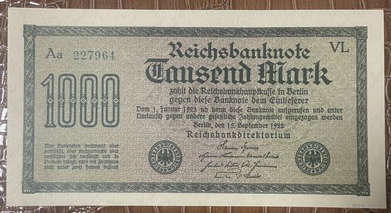 Банкнота 1000 марок 1922 год. Веймарская республика. НЕ БЫЛА В ОБОРОТЕ.