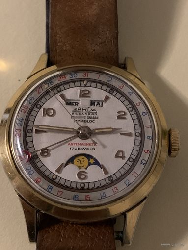 Редкие механические наручные часы с фазой Луны, Швейцария-Франция, 1960-е