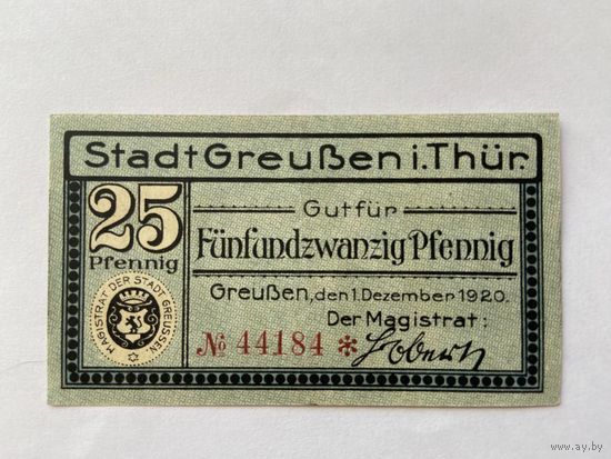 Нотгельд 25 пфеннигов Грубен. Веймарская республика - 1602