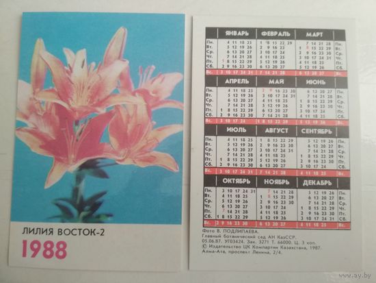 Карманный календарик. Цветы . 1988 год
