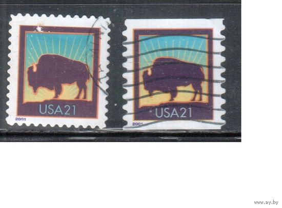 США-2001 (Мих.3437 BА+BС) , гаш. , Стандарт, Фауна, Бизон(одиночка), зубцовки (2)