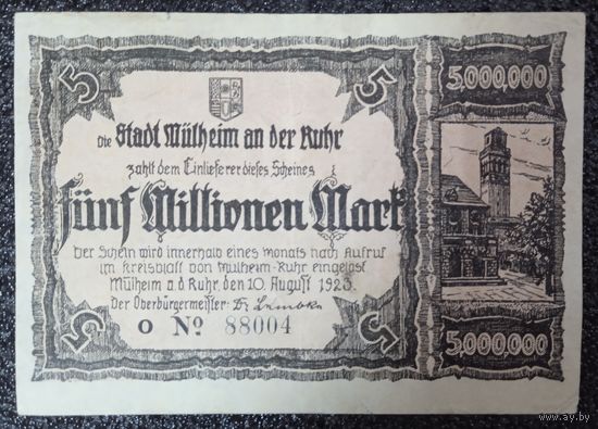 Нотгельд 5000000 (5 млн.) марок Мюльхайм-на-Руре 1923 г.