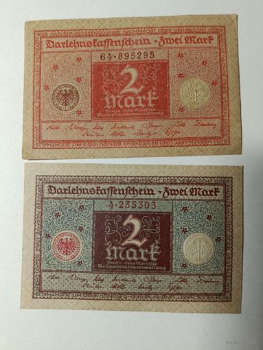 Германия 2 марки 1920г . 2 разные банкноты