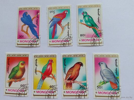 Марки Попугаи. Монголия  1990г.- 7 шт