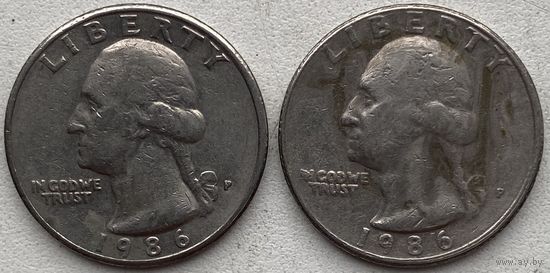 США 25 центов (квотер) 1986 г. P. Цена за 1 шт.