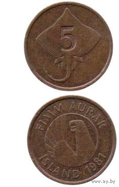 Республика Исландия. 5 эйре 1981. Фауна: Скат. Мифология: Орёл Гаммур- дух-покровитель Исландии.