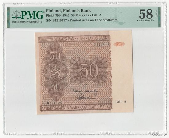 Финляндия 50 марок 1945 года. Тип Р-79b. Litt A. Состояние aUNC! В слабе PMG 58