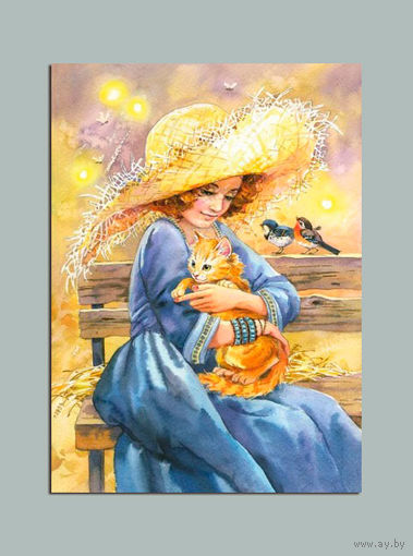 Открытка. Девочка. Рыжий котенок. Соломенная шляпа. Лето. Худож. Е.Чистотина (чистая)