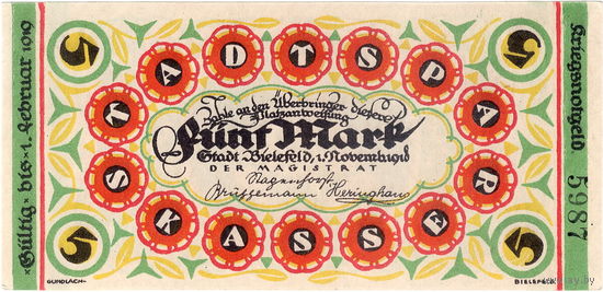 Германия, Белефельд, 5 марок, 1919 г.