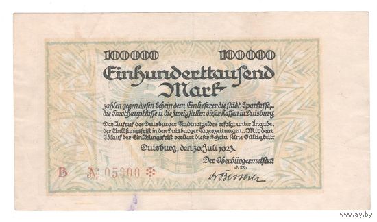 Германия Дуйсбург 100 000 марок 1923 года. Состояние XF!