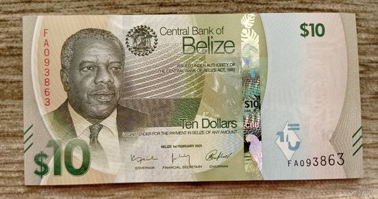 Werty71 Белиз 10 долларов 2025 UNC банкнота