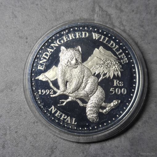 500 рупий, Непал 1992. "Вымирающие виды". Красная панда. Серебро