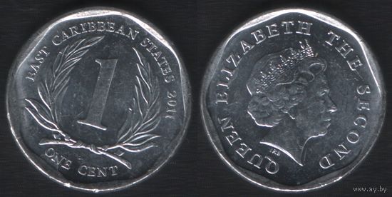 Восточные карибы km34 1 цент 2011 год km34a (1-низк,шир)(заостренный бюст снизу) (nf02