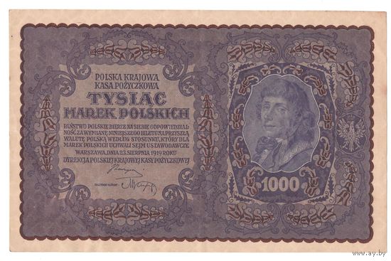 Польша 1000 марок 1919 года. Костюшко. I серия AA. Префикс из двух букв. Состояние XF! Тип P029. Нечастая! (2)
