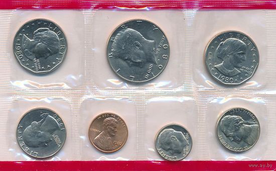 Годовой набор монет США 1980 г. с двумя долларами Сьюзен Б. Энтони двор D+S (1; 5; 10; 25; 50 центов +2 шт.  1 доллар Сьюзен Б. Энтони) _UNC