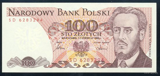 Польша. 100 злотых 1986 г. Серия SD. P143e. UNC